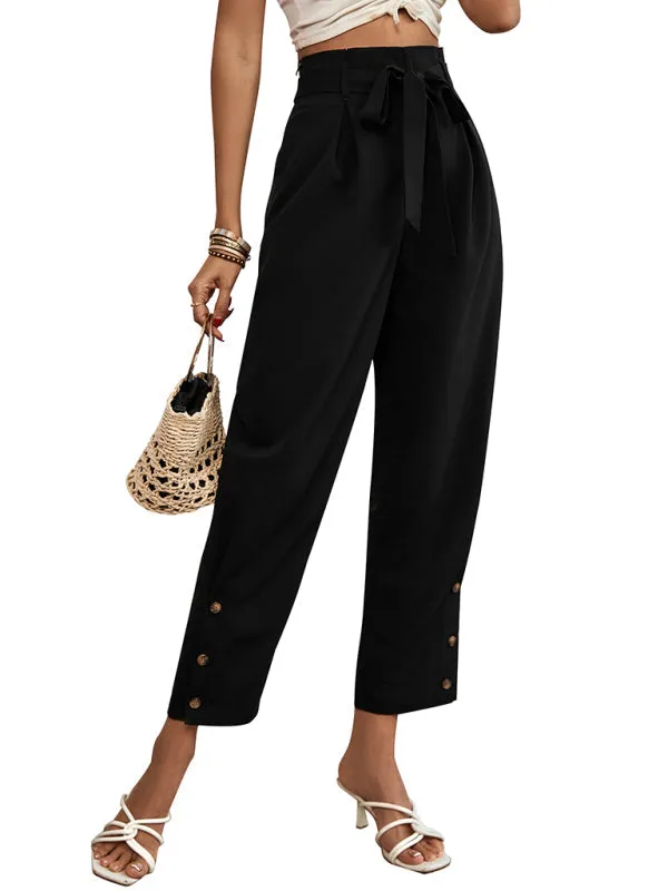 Solid Rise Trousers, Fancy Side Buttons, Belted Pants