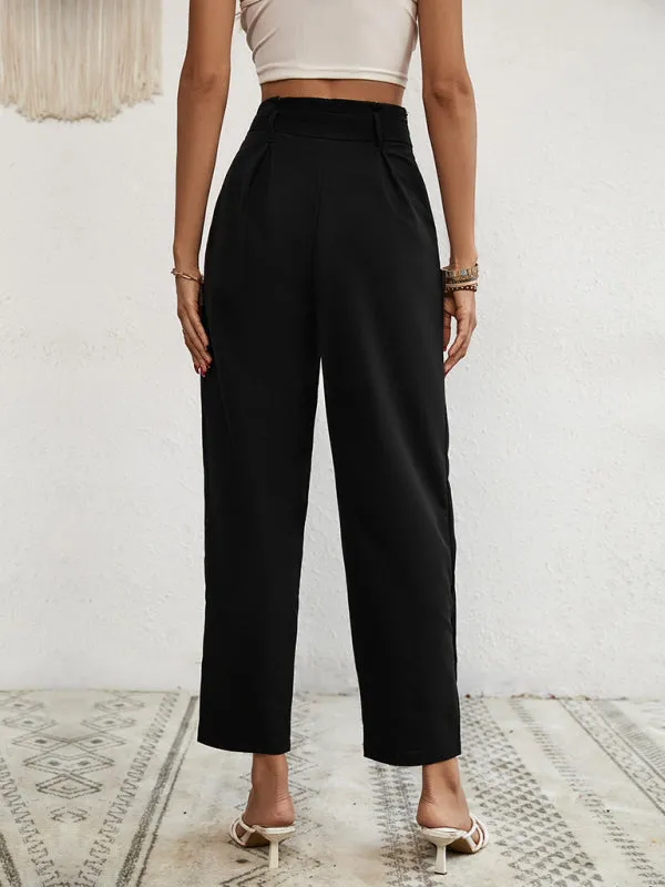 Solid Rise Trousers, Fancy Side Buttons, Belted Pants