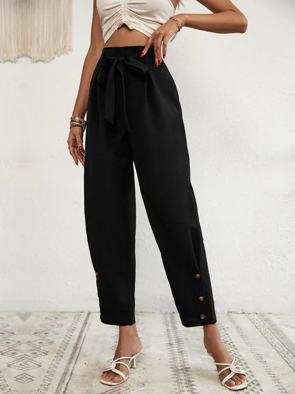 Solid Rise Trousers, Fancy Side Buttons, Belted Pants