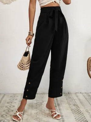 Solid Rise Trousers, Fancy Side Buttons, Belted Pants