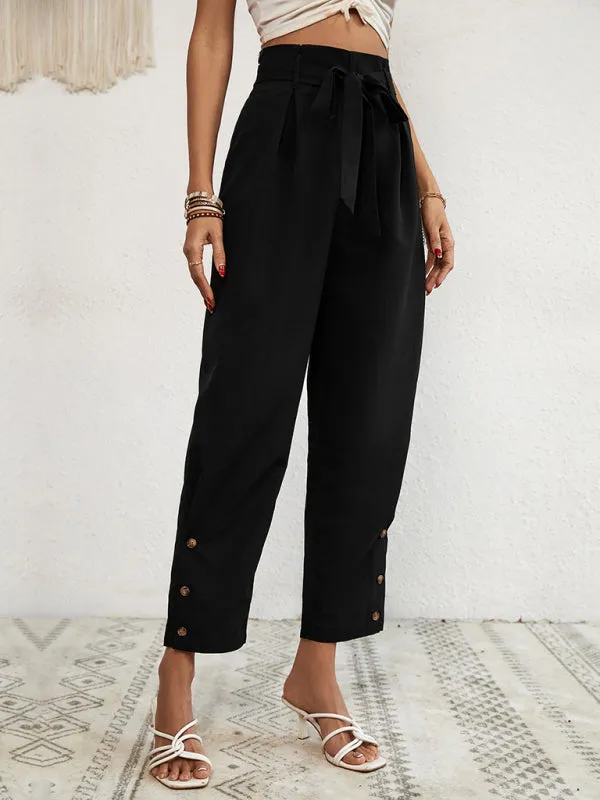 Solid Rise Trousers, Fancy Side Buttons, Belted Pants
