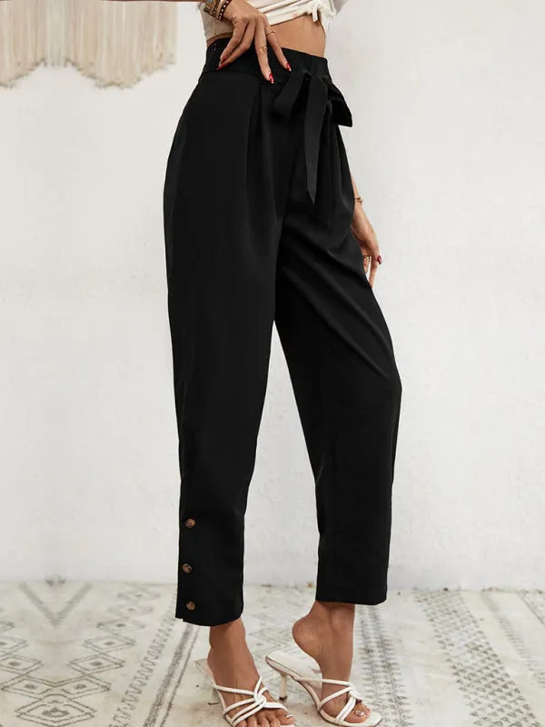 Solid Rise Trousers, Fancy Side Buttons, Belted Pants