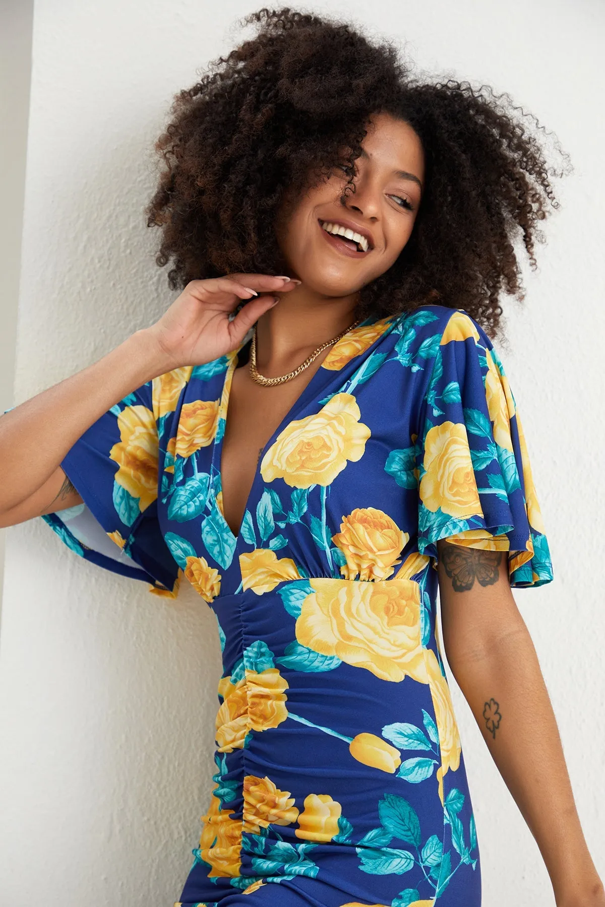 Sophia Angel Sleeve Midi Dress in Navy Yellow Floral