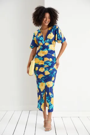 Sophia Angel Sleeve Midi Dress in Navy Yellow Floral