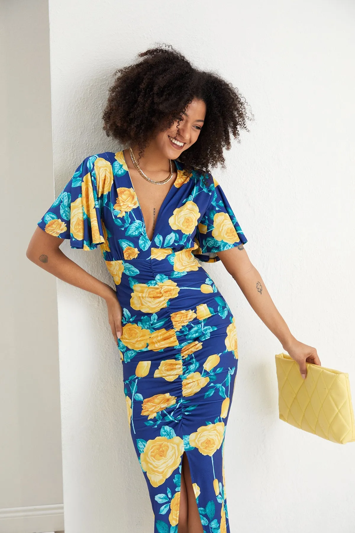 Sophia Angel Sleeve Midi Dress in Navy Yellow Floral
