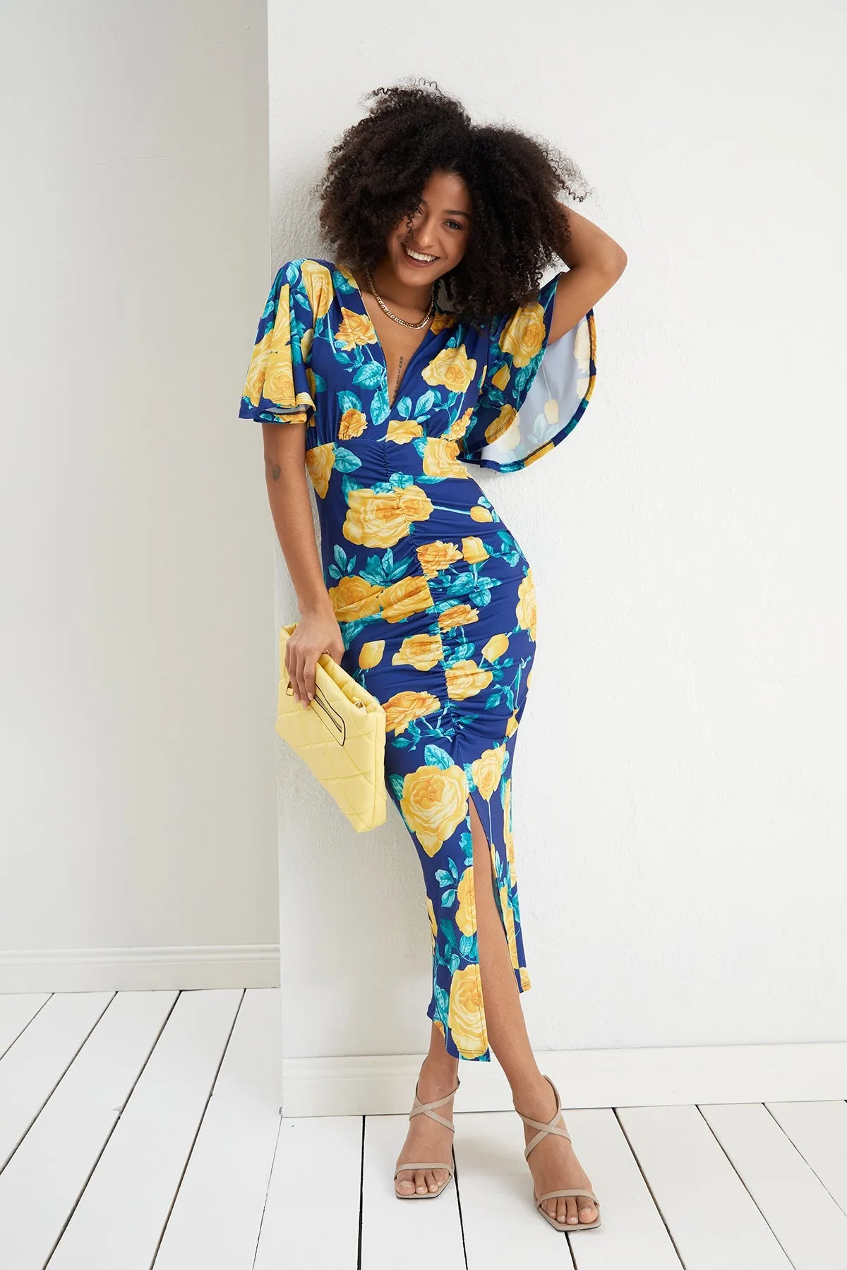 Sophia Angel Sleeve Midi Dress in Navy Yellow Floral