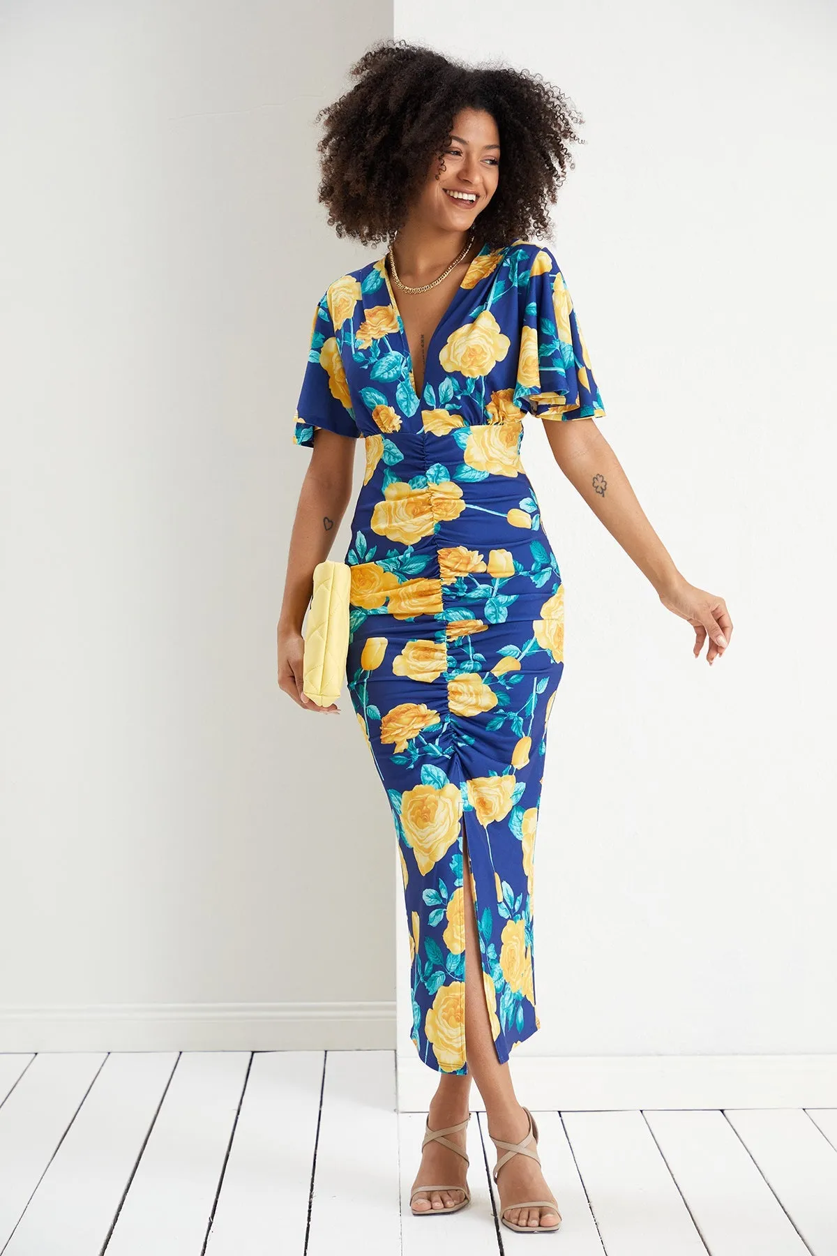 Sophia Angel Sleeve Midi Dress in Navy Yellow Floral
