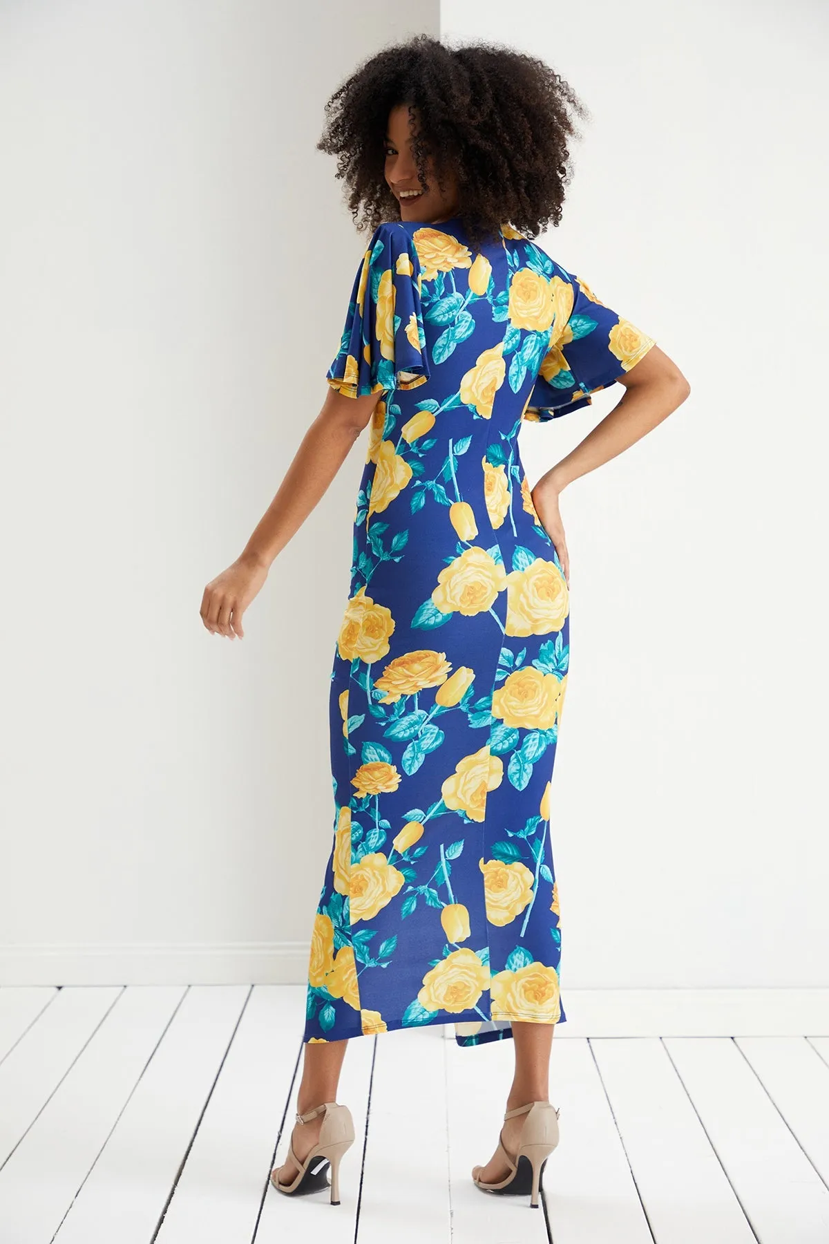 Sophia Angel Sleeve Midi Dress in Navy Yellow Floral