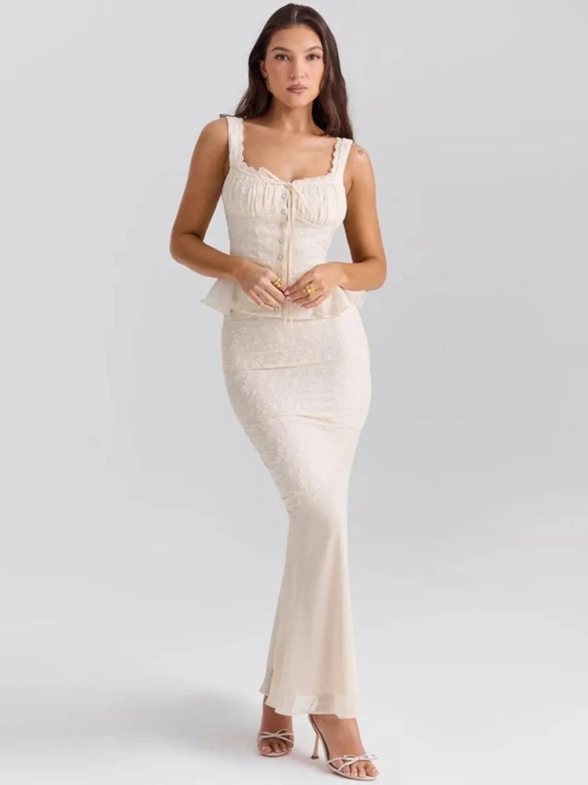 Sophie Elegant Lace Peplum Maxi Dress