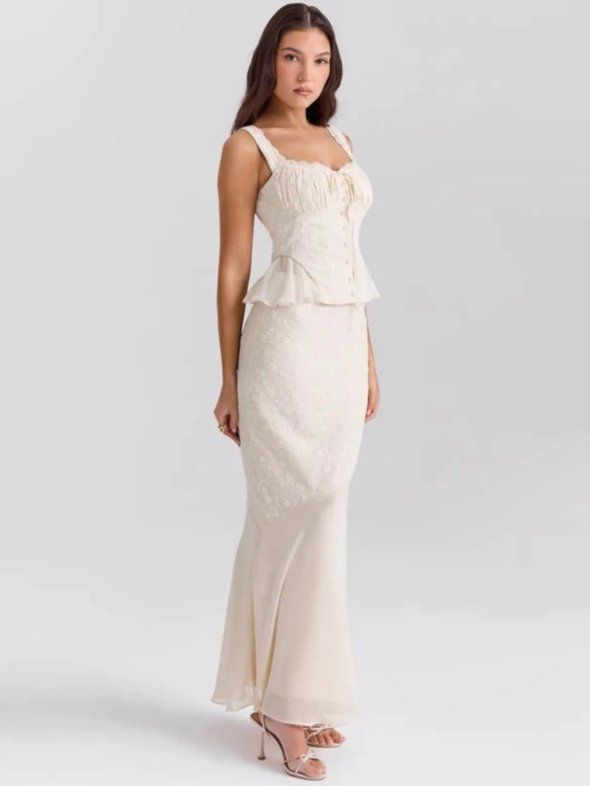 Sophie Elegant Lace Peplum Maxi Dress