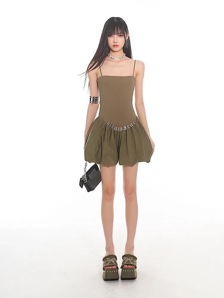 Spaghetti Strap Pleated Mini Bubble-Skirt Skater Dress
