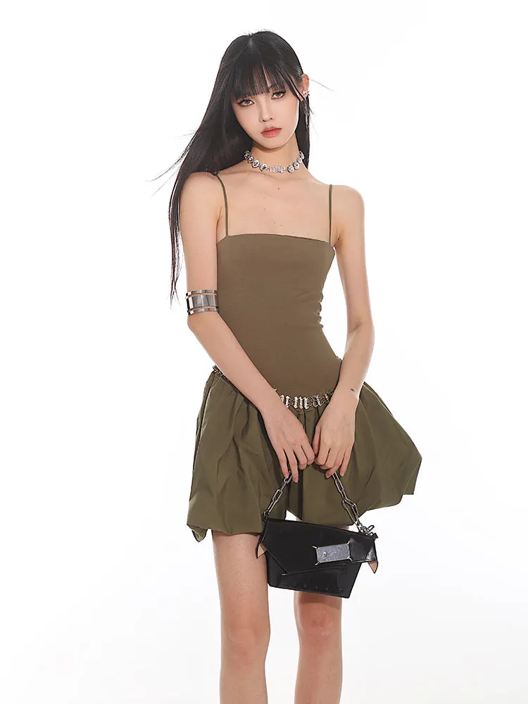 Spaghetti Strap Pleated Mini Bubble-Skirt Skater Dress