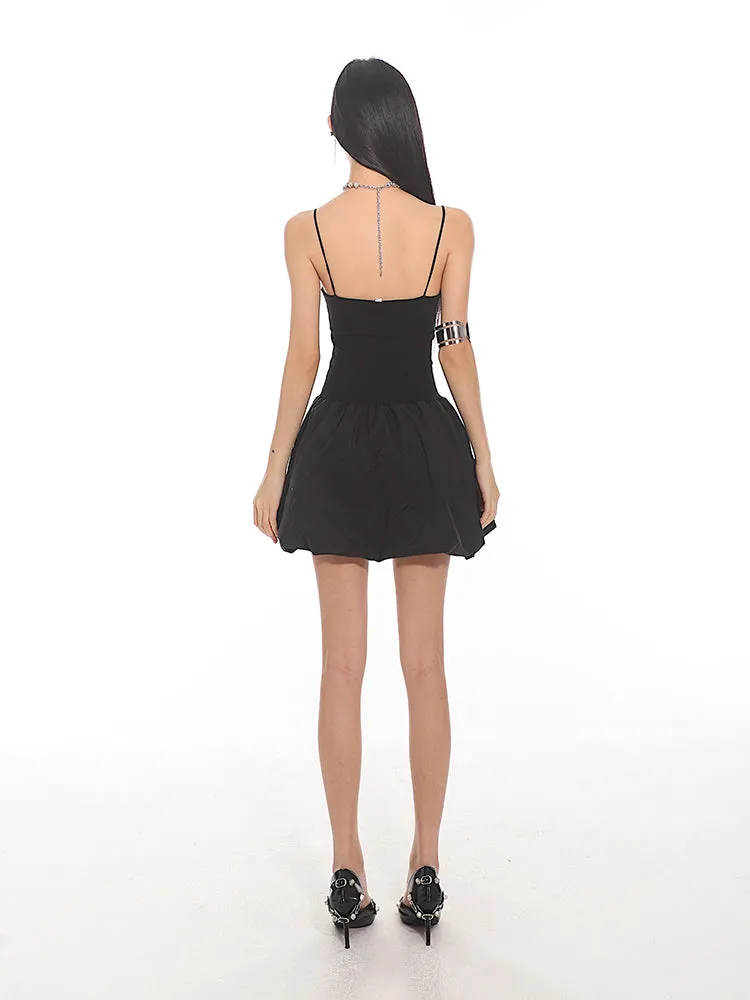 Spaghetti Strap Pleated Mini Bubble-Skirt Skater Dress