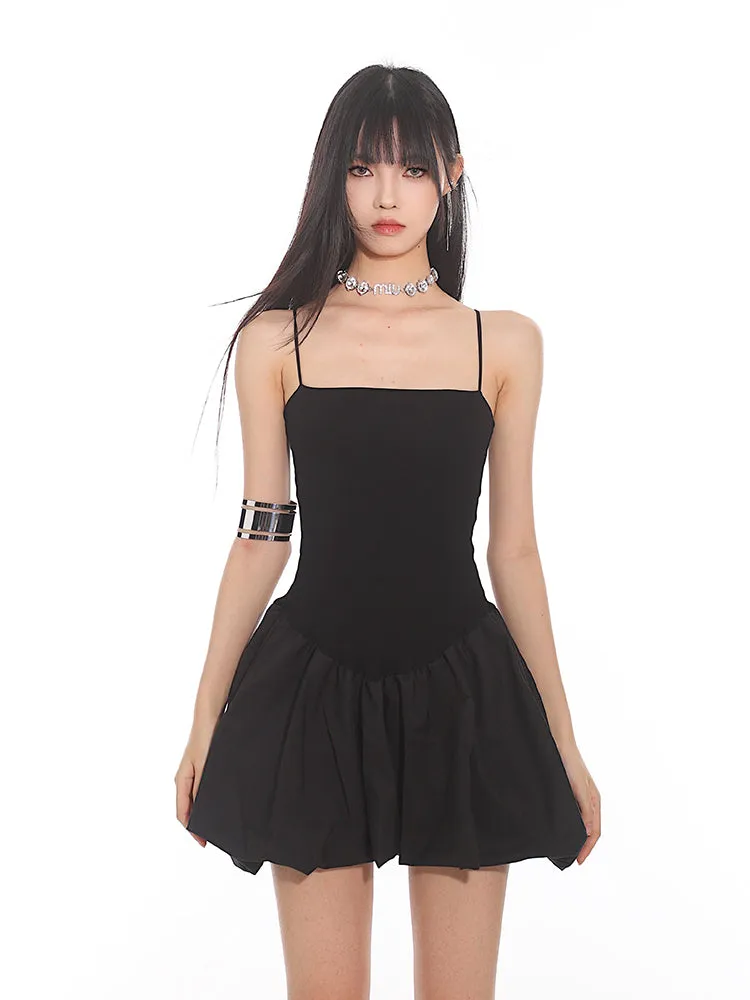 Spaghetti Strap Pleated Mini Bubble-Skirt Skater Dress