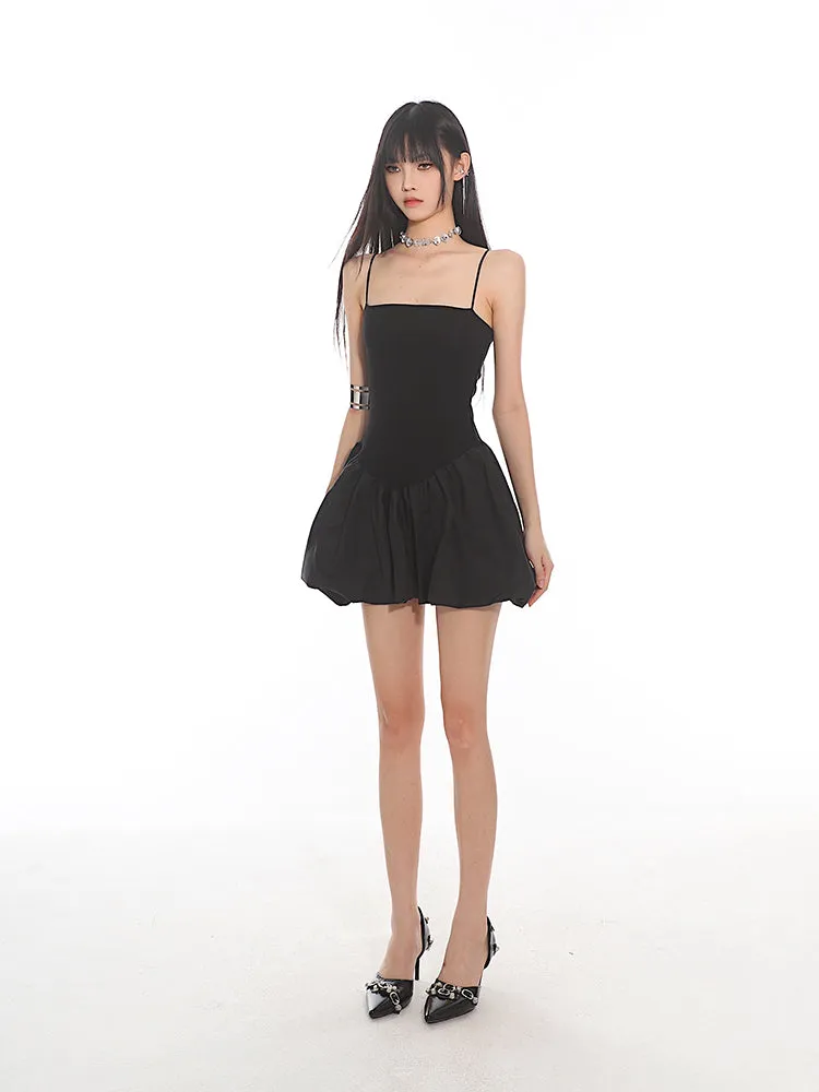 Spaghetti Strap Pleated Mini Bubble-Skirt Skater Dress