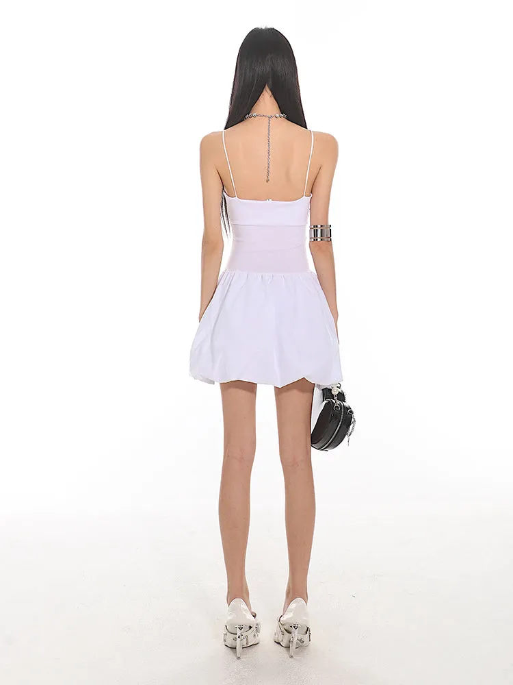 Spaghetti Strap Pleated Mini Bubble-Skirt Skater Dress