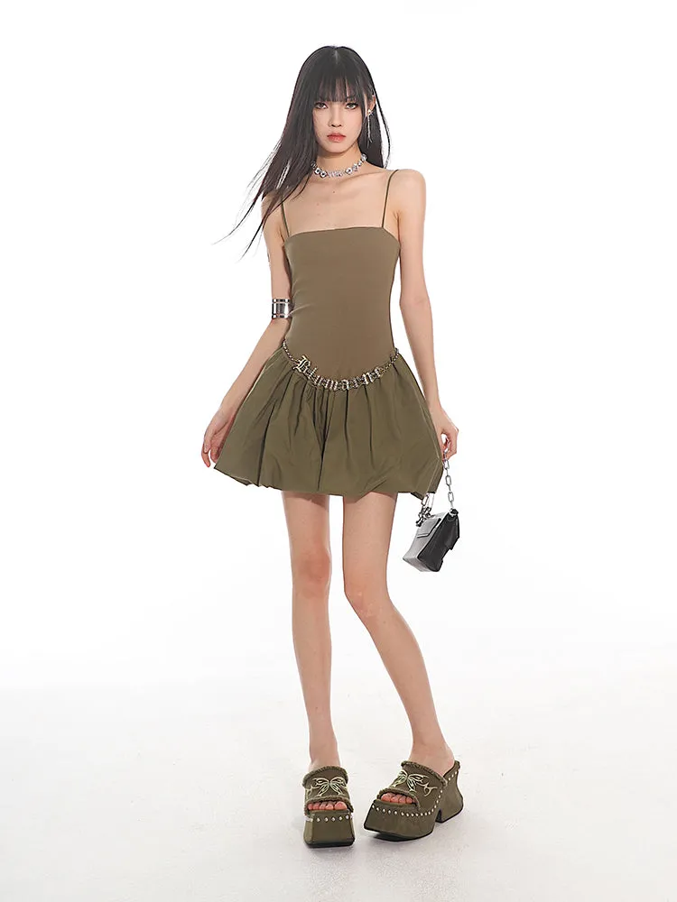 Spaghetti Strap Pleated Mini Bubble-Skirt Skater Dress