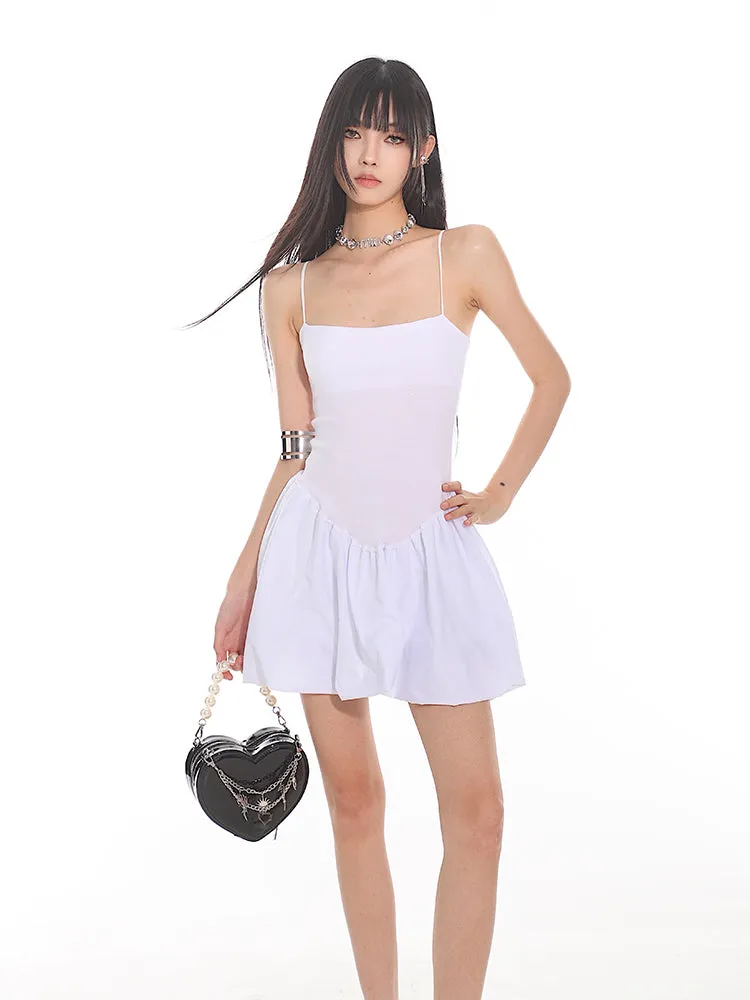 Spaghetti Strap Pleated Mini Bubble-Skirt Skater Dress