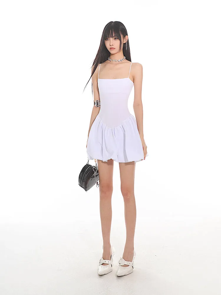 Spaghetti Strap Pleated Mini Bubble-Skirt Skater Dress