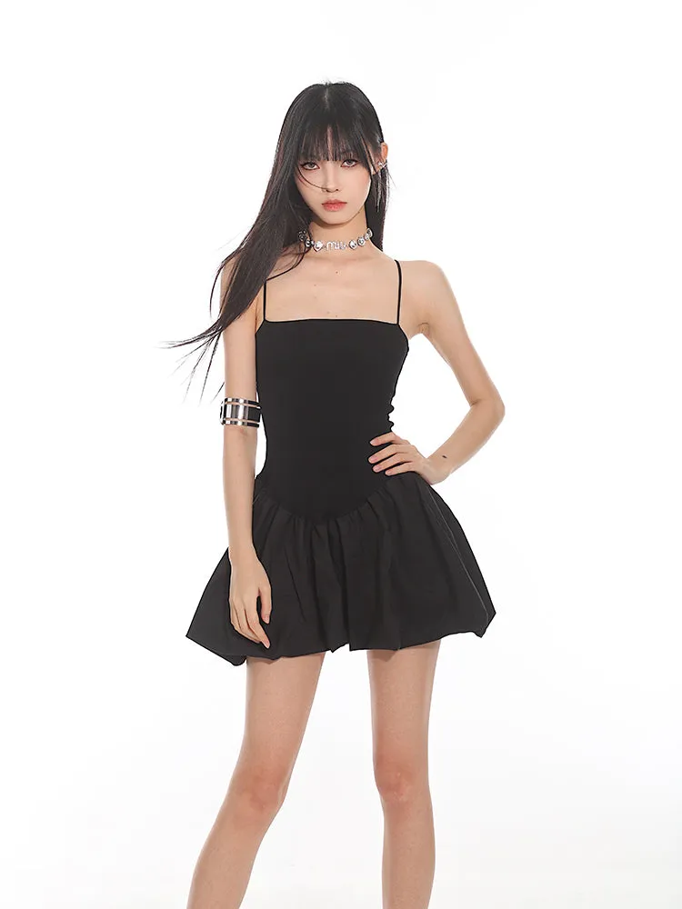 Spaghetti Strap Pleated Mini Bubble-Skirt Skater Dress