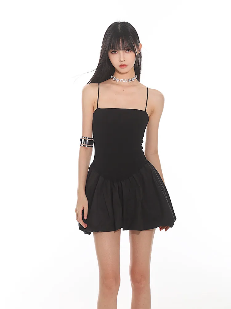 Spaghetti Strap Pleated Mini Bubble-Skirt Skater Dress