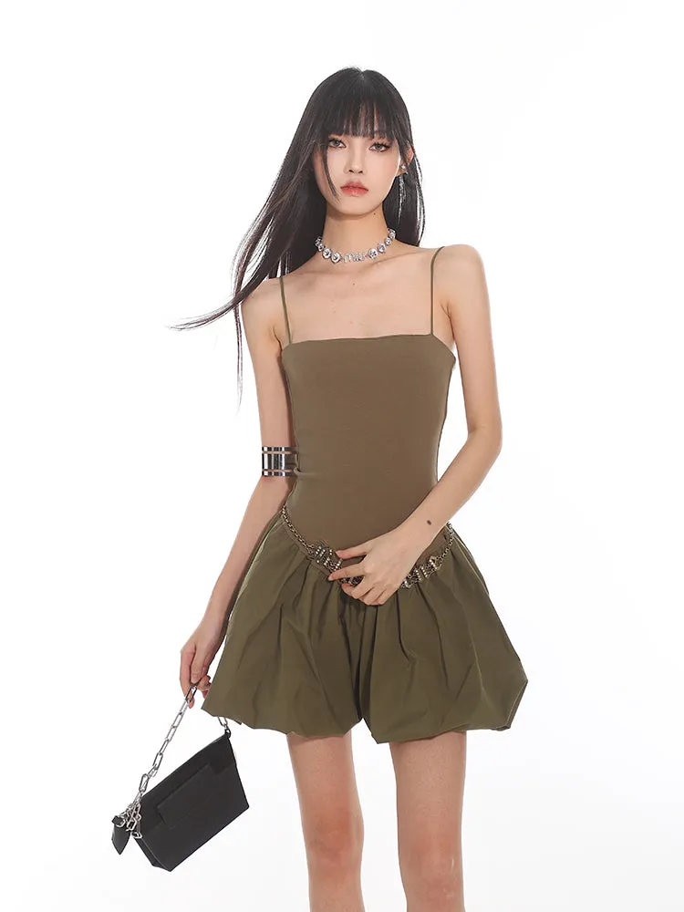 Spaghetti Strap Pleated Mini Bubble-Skirt Skater Dress