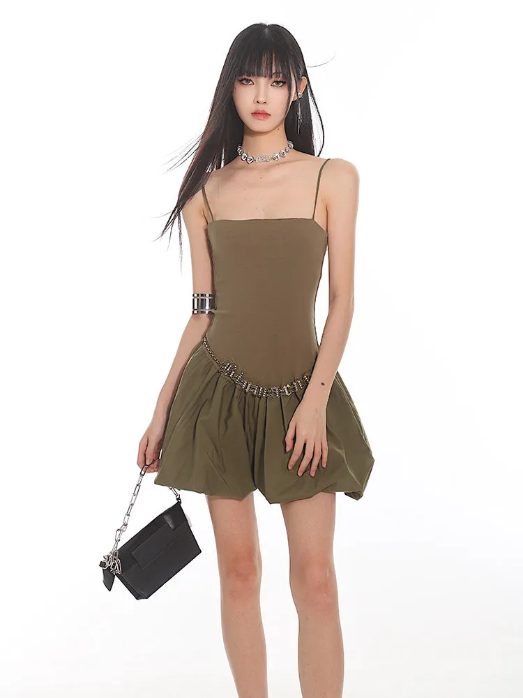 Spaghetti Strap Pleated Mini Bubble-Skirt Skater Dress