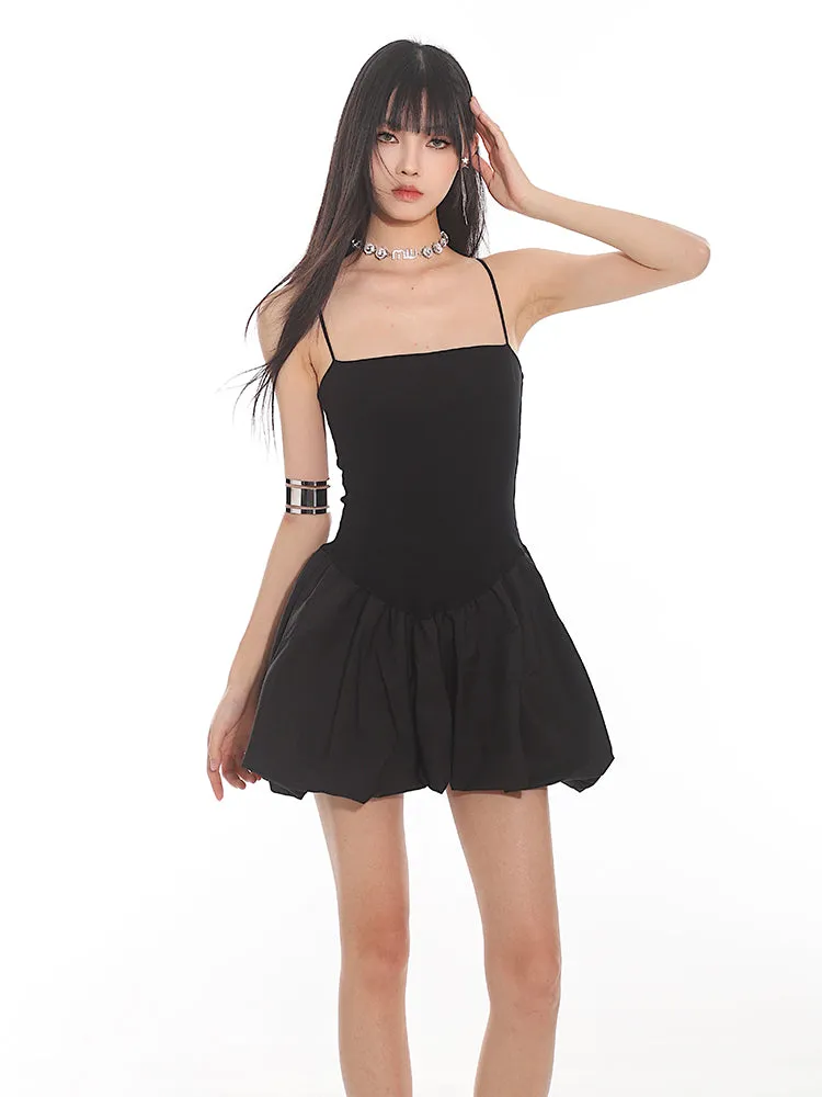 Spaghetti Strap Pleated Mini Bubble-Skirt Skater Dress