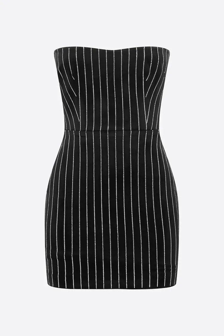 Sparkly Contrast Rhinestone Stripe Strapless Bodycon Party Mini Dress