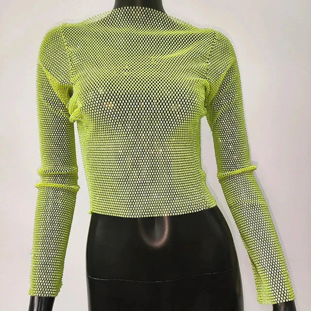 Sparkly Diamond Fishnet Women's Shirts Long Sleeve Mesh Sheer Top