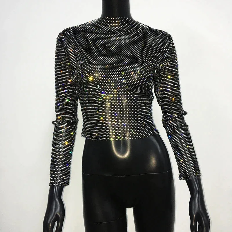 Sparkly Diamond Fishnet Women's Shirts Long Sleeve Mesh Sheer Top