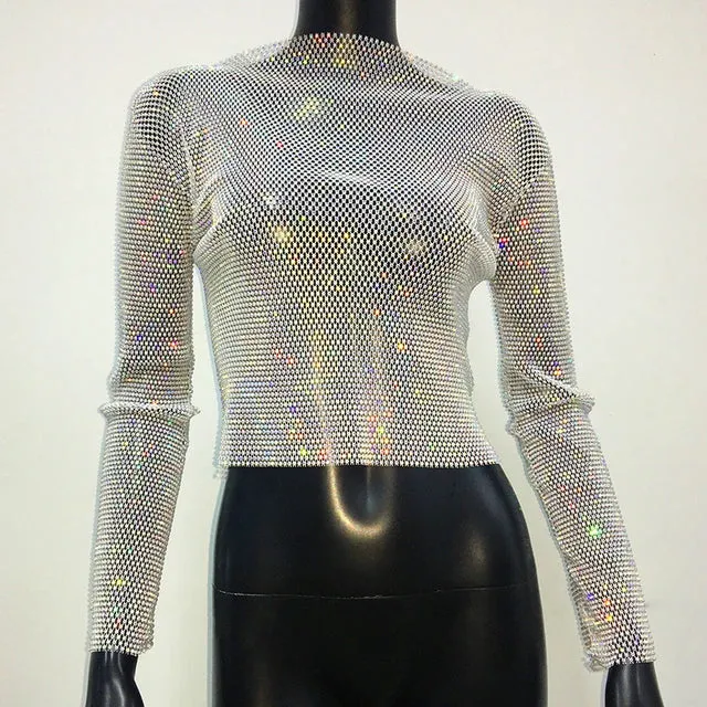 Sparkly Diamond Fishnet Women's Shirts Long Sleeve Mesh Sheer Top