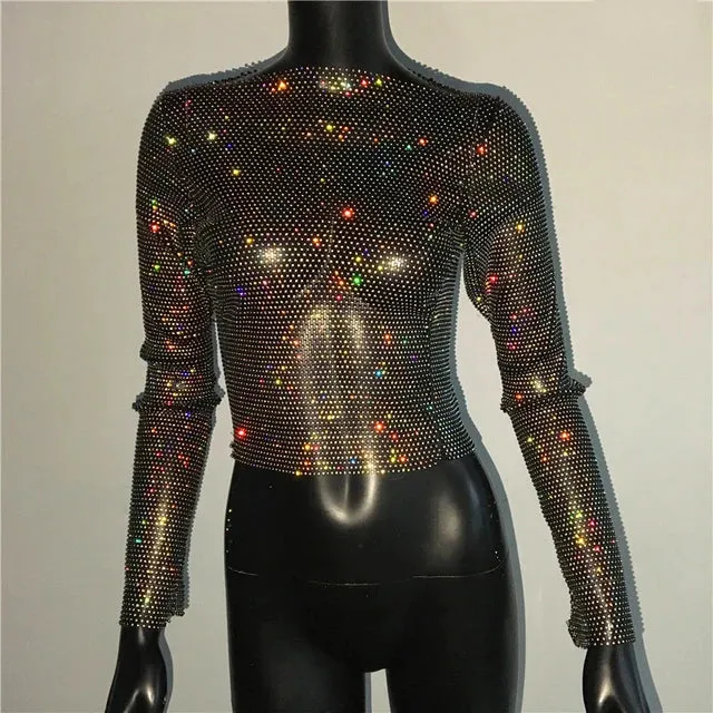 Sparkly Diamond Fishnet Women's Shirts Long Sleeve Mesh Sheer Top