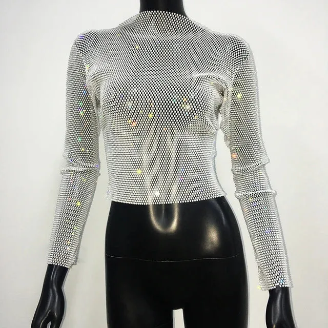 Sparkly Diamond Fishnet Women's Shirts Long Sleeve Mesh Sheer Top