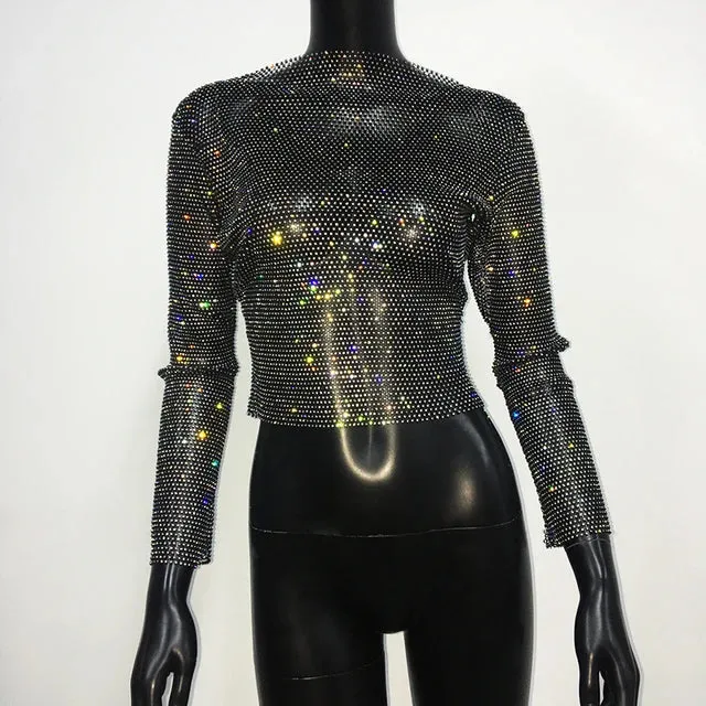 Sparkly Diamond Fishnet Women's Shirts Long Sleeve Mesh Sheer Top