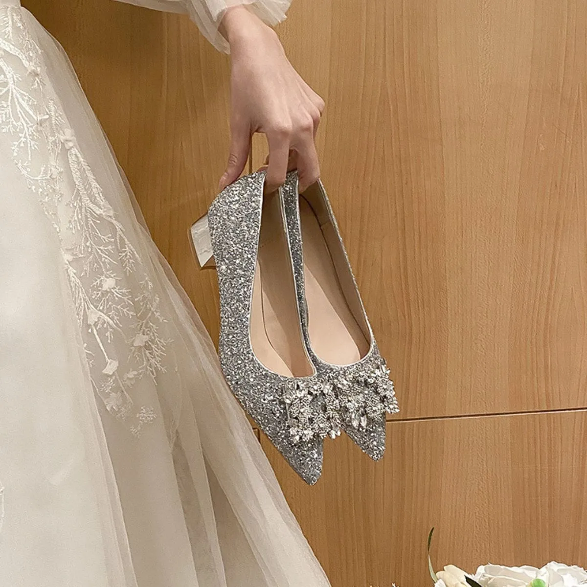 Sparkly Pointed Toe Block Heel Pumps