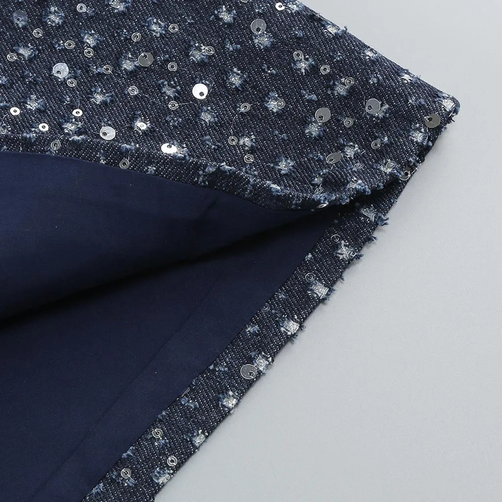 Sparkly Sequin Embellished Bodycon Ripped Denim Tube Mini Party Dress