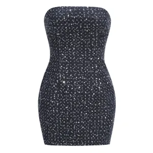 Sparkly Sequin Embellished Bodycon Ripped Denim Tube Mini Party Dress