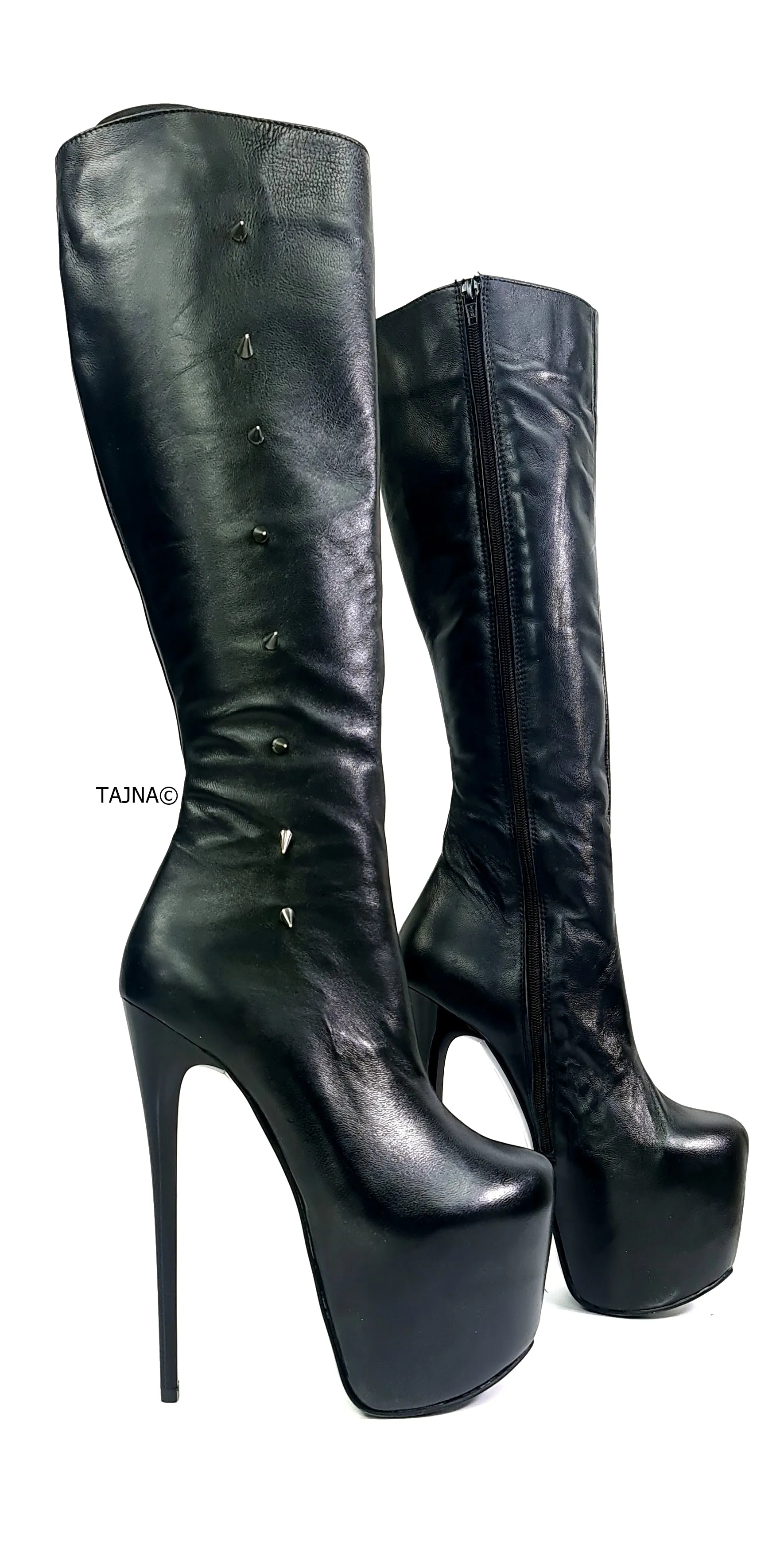 Spike Detailed Leather Black Mid-Calf Boots