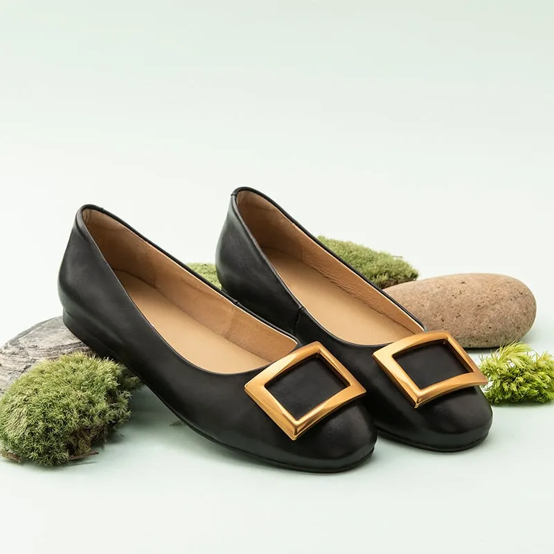 Square Buckle Detailed Leather Loafers for Women Black