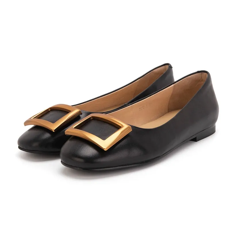 Square Buckle Detailed Leather Loafers for Women Black