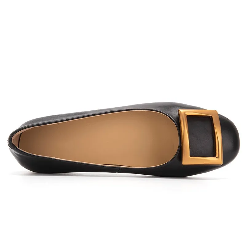 Square Buckle Detailed Leather Loafers for Women Black