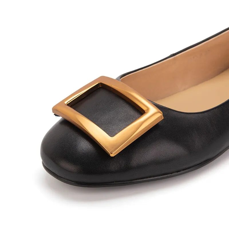 Square Buckle Detailed Leather Loafers for Women Black