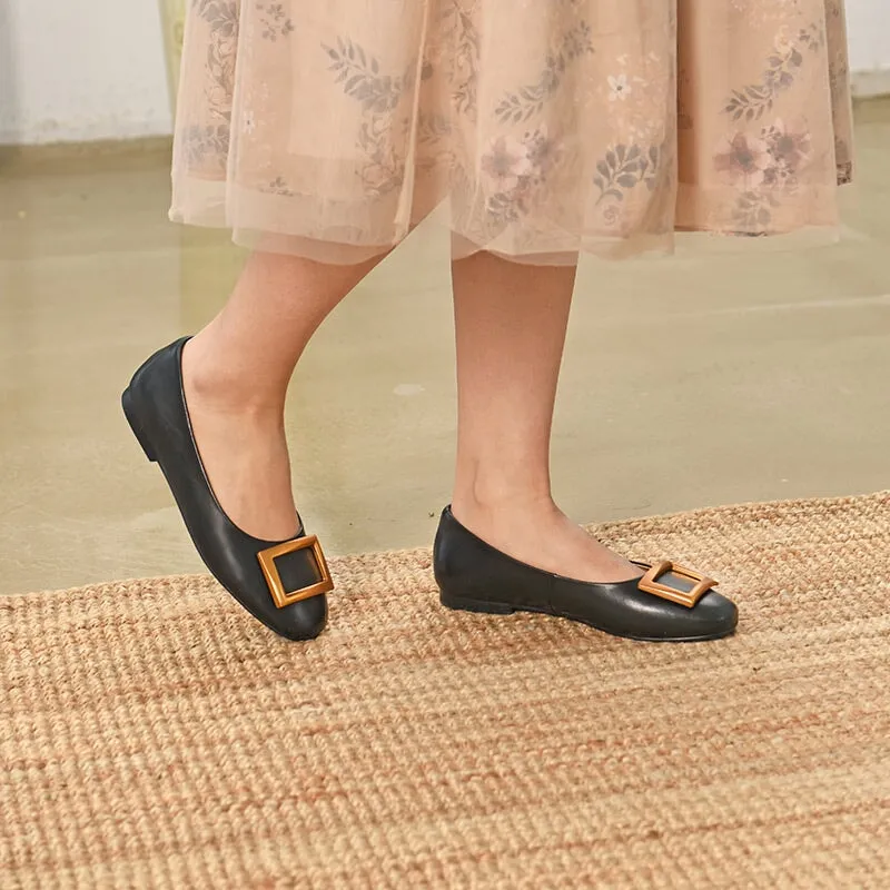 Square Buckle Detailed Leather Loafers for Women Black