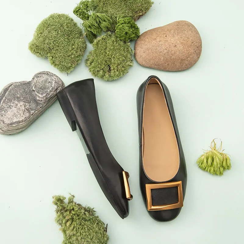 Square Buckle Detailed Leather Loafers for Women Black