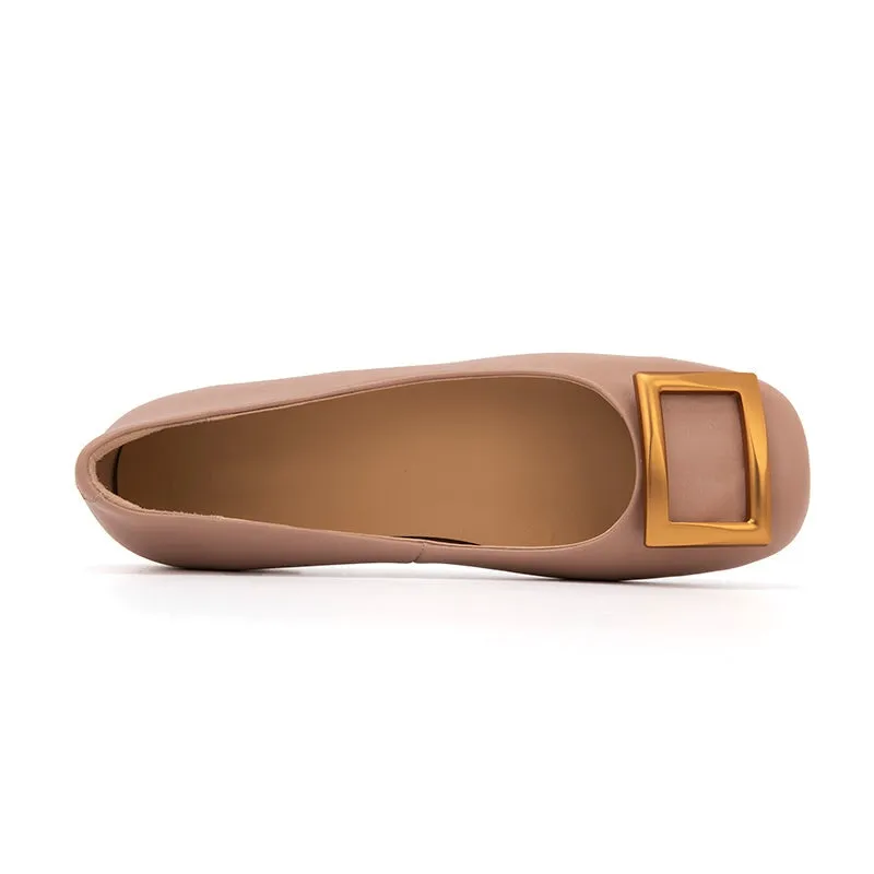 Square Buckle Detailed Leather Loafers for Women in Black/Nude