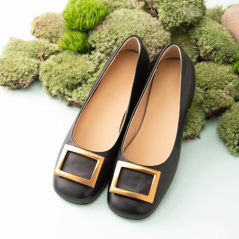 Square Buckle Detailed Leather Loafers for Women in Black/Nude