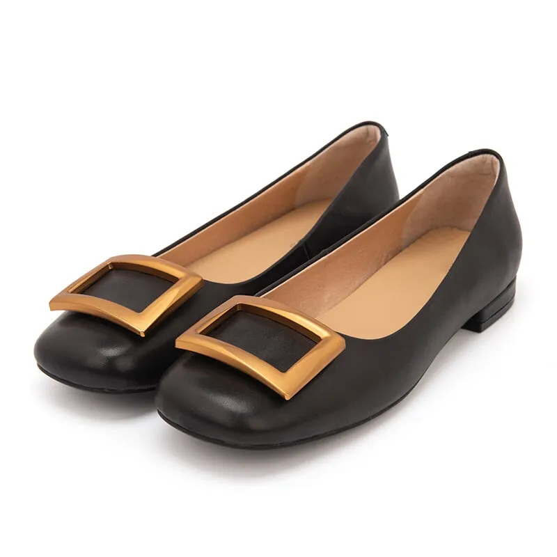 Square Buckle Detailed Leather Loafers for Women in Black/Nude