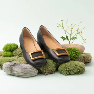 Square Buckle Detailed Leather Loafers for Women in Black/Nude