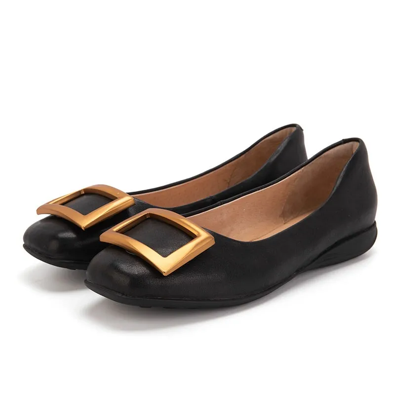Square Buckle Detailed Leather Loafers for Women in Blue/Black